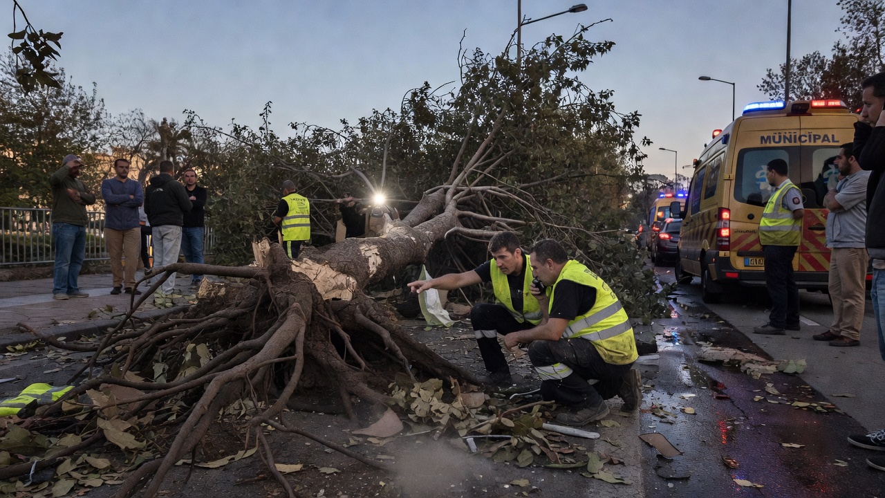 Axentes municipais colaboran con emerxencias tras caída dun árbore que feriu dous veciños na rúa Barcelona