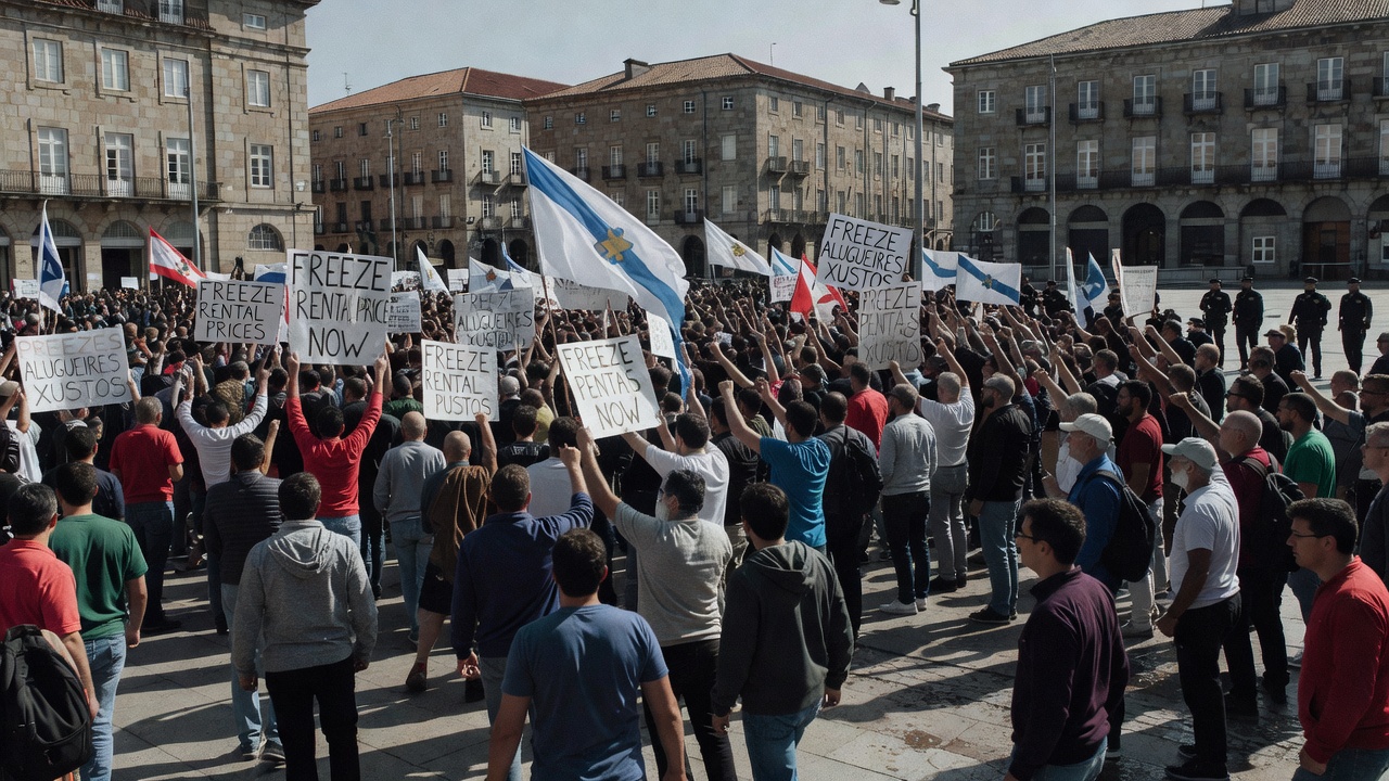 Na Porta do Sol, centos protestan en Vigo exixindo a conxelación dos alugueiros pola crise de vivenda