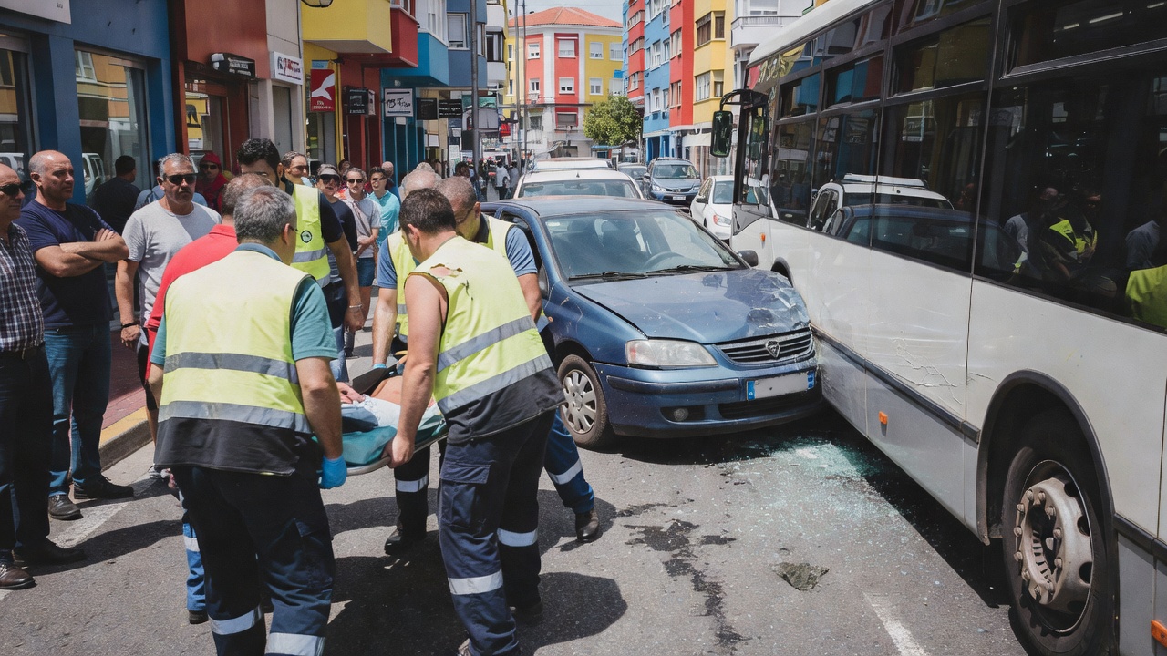 Un ferido excarcerado tras chocar un coche e un autobús na Gran Vía de Vigo