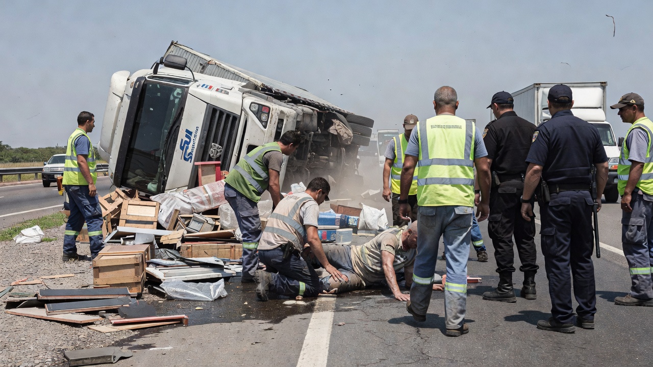 Autoridades estiman queimaduras de primeiro grao e contusións para o condutor do camión