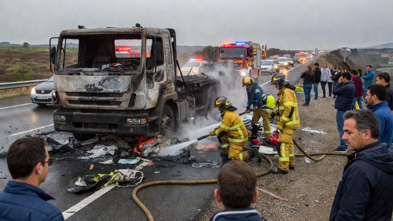 Incendio de camión cargado de cervexa corta a AP-9 en Alba, Pontevedra